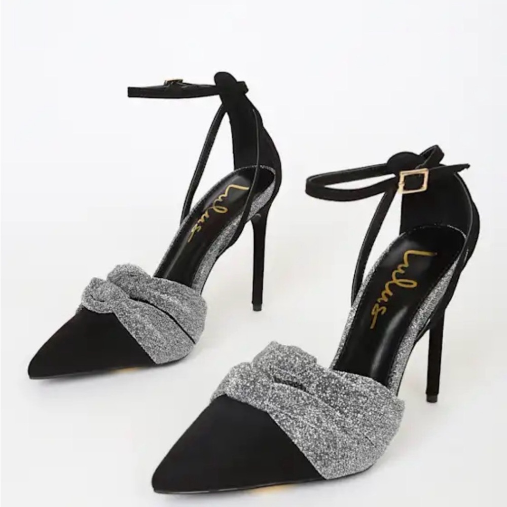 Santina Black and Pewter Pointed-Toe Ankle Strap Pumps Size 8